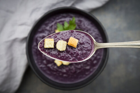 Rotkohlsuppe auf Löffel, garniert mit Croutons - LVF06570