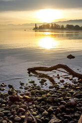 Switzerland, Thurgau, Lake Constance, Romanshorn in winter at sunset - PUF01037