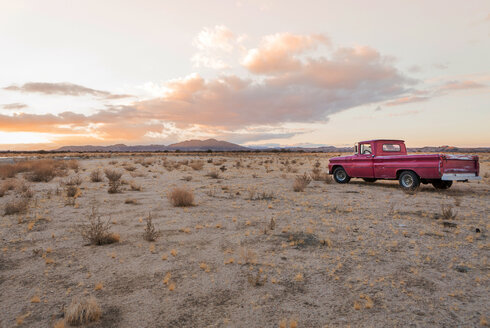 USA, Kalifornien, Joshua Tree, Pick-Up Truck in der Wüste von Joshua Tree - WVF00855