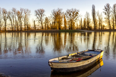 Germany, Saxony, Elbe river with rowing boat in the morning - PUF01075