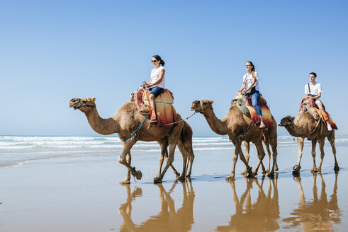 Marokko, Tanger, Gruppe von Freunden reitet auf Kamelen am Strand - KIJF01797