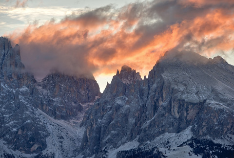 Italy, South Tyrol, Langkofel and Plattkofel at sunrise stock photo