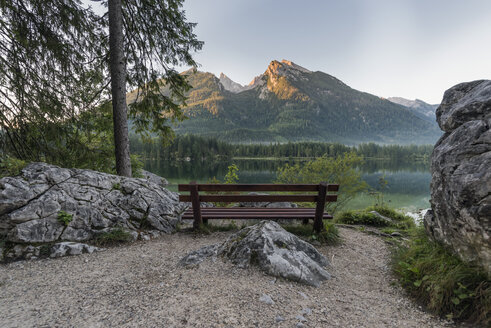 Germany, Bavaria, Berchtesgaden Alps, Lake Hintersee, bench in the morning - RPSF00070