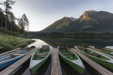 Deutschland, Bayern, Berchtesgadener Alpen, Hintersee, Ruderboote am Morgen - RPSF00071