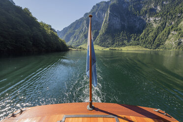 Germany, Bavaria, Berchtesgaden Alps, Lake Obersee, flag on ferry - RPSF00075