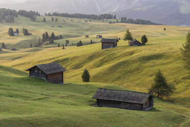 Italien, Südtirol, Seiser Alm, Ställe am Morgen - RPSF00109