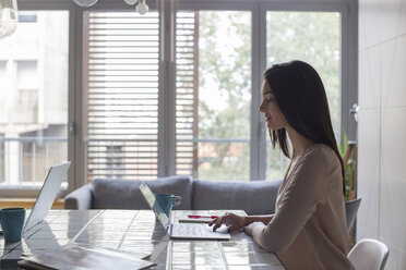 Frau mit Laptop bei der Arbeit zu Hause - MOMF00367