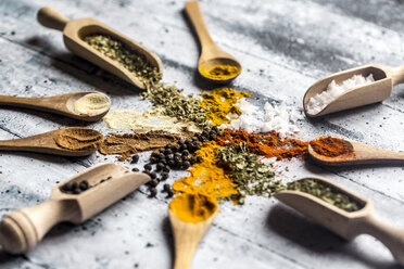 Spicies, curry, chilli, cinnamon, curcuma, garlic, parsley, oregano, salt and pepper on wooden spoons - SARF03466