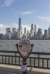USA, New York City, Manhattan, New Jersey, cityscape with coin operated binoculars - RPSF00116