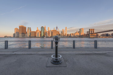 USA, New York City, Manhattan, Brooklyn, cityscape with coin operated binoculars - RPSF00163
