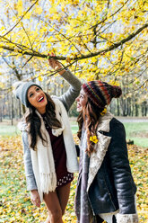 Two pretty women having fun in an autumnal forest - MGOF03700