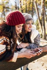 Zwei hübsche Frauen mit Smartphone in einem herbstlichen Wald - MGOF03713