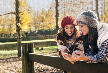 Two pretty women using smartphone in an autumnal forest - MGOF03714