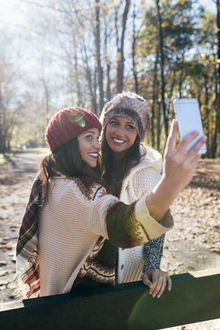 Zwei hübsche Frauen machen ein Selfie in einem herbstlichen Wald, lizenzfreies Stockfoto