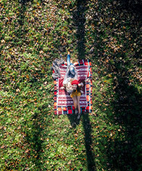 Two happy women sitting on blanket in an autumnal meadow - MGOF03719