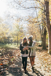 Two women with cell phone walking in autumnal forest - MGOF03728