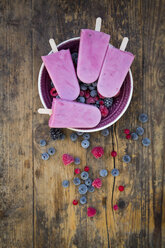 Homemade wild-berry ice lollies with raspberries, blueberries, red currants and blackberries in a bowl - LVF06599