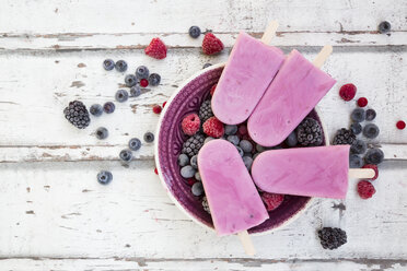 Homemade wild-berry ice lollies with raspberries, blueberries, red currants and blackberries in a bowl - LVF06600