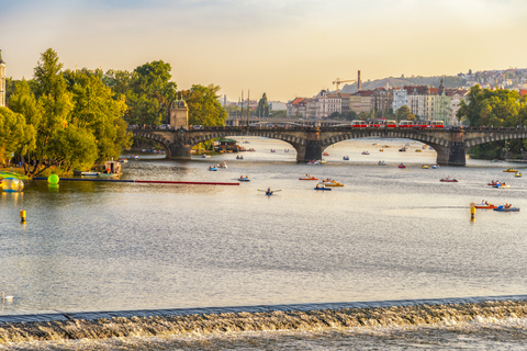 Czech Republic, Prague, cityscape with bridge and boats on Vltava stock photo