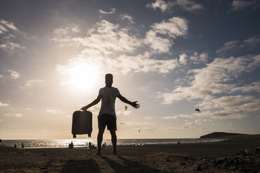 Mann stehend mit Rollkoffer am Strand - SIPF01931