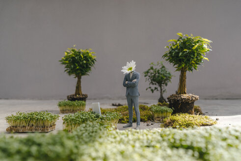 Businessman figurine with flower head standing park - FLAF00050
