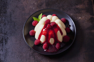 Custard with raspberries and raspberry sauce on plate - CSF28731