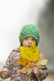 Portrait of little girl with autumn leaves - WWF04140