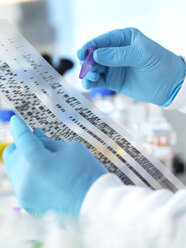 Scientist holding a DNA sample alongside the results on a autoradiogram in a laboratory - ABRF00017