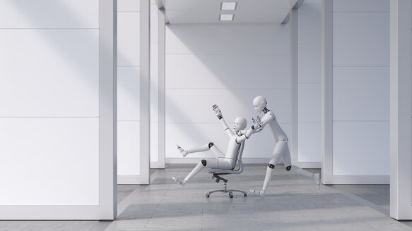 Roboter, der einen jubelnden Freund auf einem Stuhl durch das Büro schiebt - AHUF00460