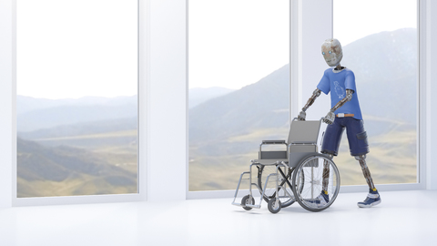 Robot pushing wheel chair stock photo