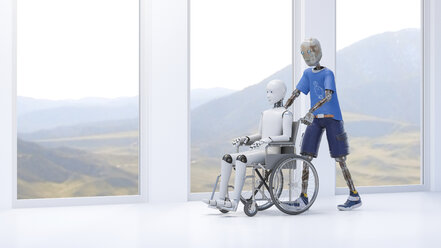 Roboter, der einen Patienten im Rollstuhl schiebt - AHUF00464