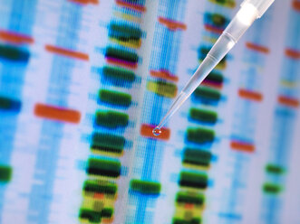 DNA sample in a pipette with the results on a computer sceeen in a laboratory - ABRF00025