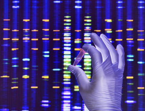 Wissenschaftler mit einer DNA-Probe, deren Ergebnisse auf einem Computer in einem Labor angezeigt werden, lizenzfreies Stockfoto