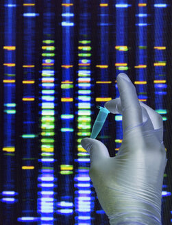 Scientist holding a DNA sample with the results on a computer sceeen in a laboratory - ABRF00029