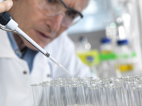 Scientist pipetting into test tubes during an experiment in the laboratory stock photo