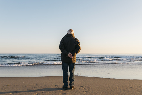 Älterer Mann schaut auf das Meer, Rückansicht, lizenzfreies Stockfoto