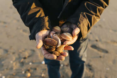 Älterer Mann, der am Strand spazieren geht und Muscheln sammelt - JRFF01523