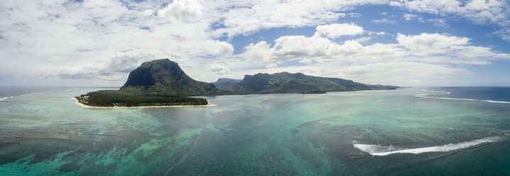 Mauritius, Southwest Coast, view to Indian Ocean, Le Morne with Le Morne Brabant, natural phenomenon, underwater waterfall, aerial view - FOF09700