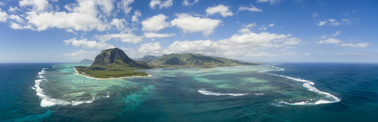 Mauritius, Southwest Coast, view to Indian Ocean, Le Morne with Le Morne Brabant, natural phenomenon, underwater waterfall, aerial view - FOF09703