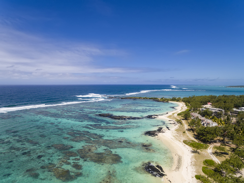 Mauritius, Ostküste, Indischer Ozean, Trou d'Eau Douce, Luftaufnahme des Strandes, lizenzfreies Stockfoto