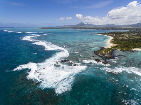 Mauritius, East Coast, Indian Ocean, Trou d'Eau Douce, Aerial view stock photo