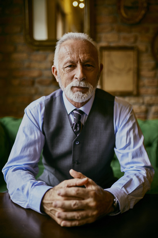 Portrait of elegant senior man sitting on couch in a cafe stock photo