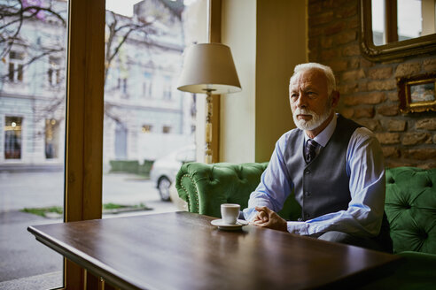 Eleganter älterer Mann sitzt auf einer Couch in einem Café - ZEDF01112