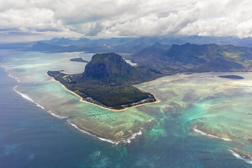 Mauritius, Southwest Coast, view to Indian Ocean, Le Morne with Le Morne Brabant, natural phenomenon, underwater waterfall, aerial view - FOF09725