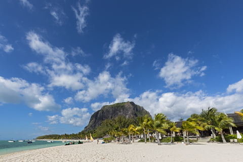 Mauritius, Southwest Coast, Le Morne with Mountain Le Morne Brabant, Hotel facility at beach stock photo