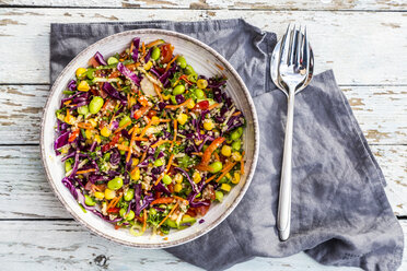 Quinoa-Salat mit Edamame, Mais, Karotte, Tomate, Paprika, Zwiebeln in einer Schüssel - SARF03495