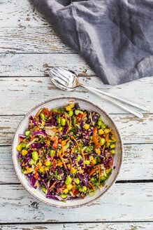 Quinoa-Salat mit Edamame, Mais, Karotte, Tomate, Paprika, Zwiebeln in einer Schüssel - SARF03496
