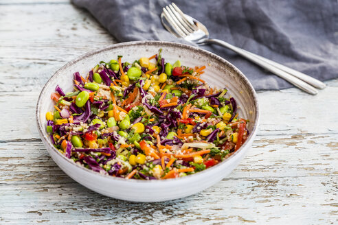 Quinoa-Salat mit Edamame, Mais, Karotte, Tomate, Paprika, Zwiebeln in einer Schüssel - SARF03497