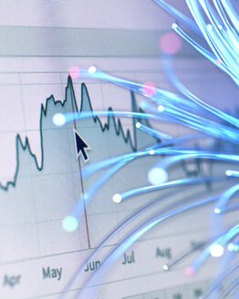 Finanzcharts und Lichtwellenleiter, die innovative Börsenentwicklungen symbolisieren - ABRF00061