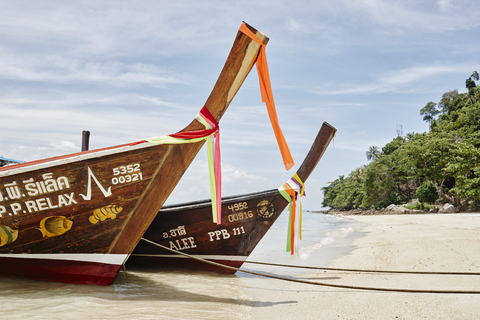 Thailand, Phi Phi Islands, Ko Phi Phi, moored long-tail boats stock photo